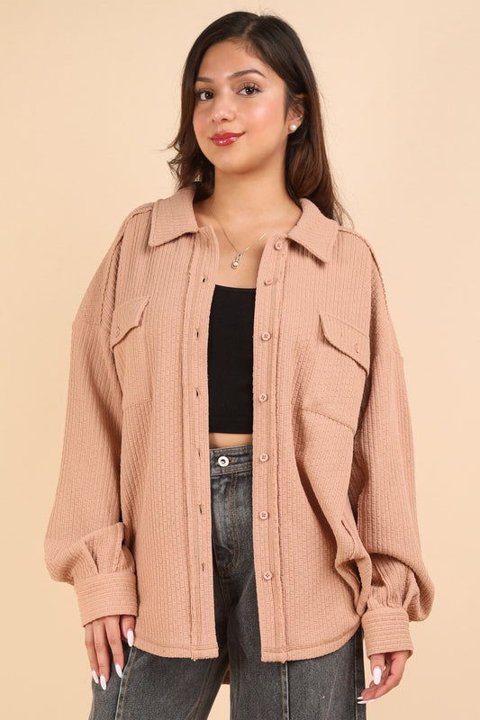 Oversized Casual Textured Knit Cozy Shacket Jacket (Blush)