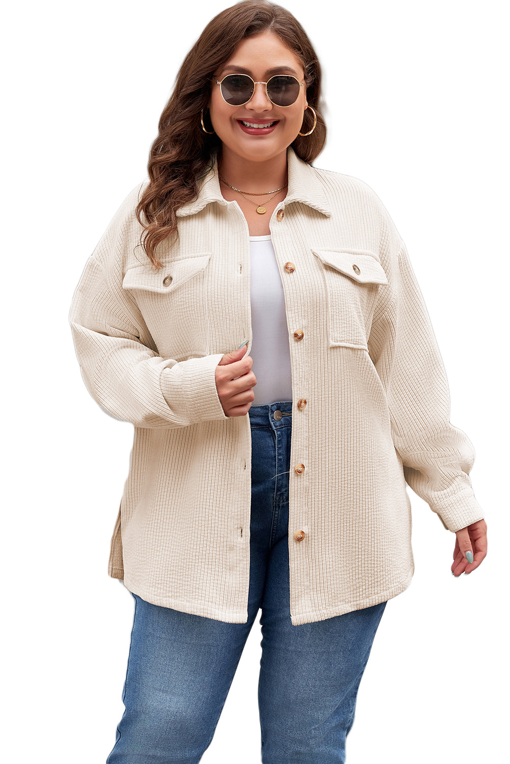 Oatmeal Textured Flap Pockets Buttoned Plus Size Shacket