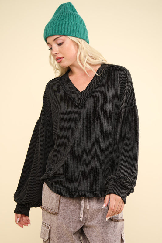 Charcoal Otto Ribbed V-Neck Oversized Knit Top