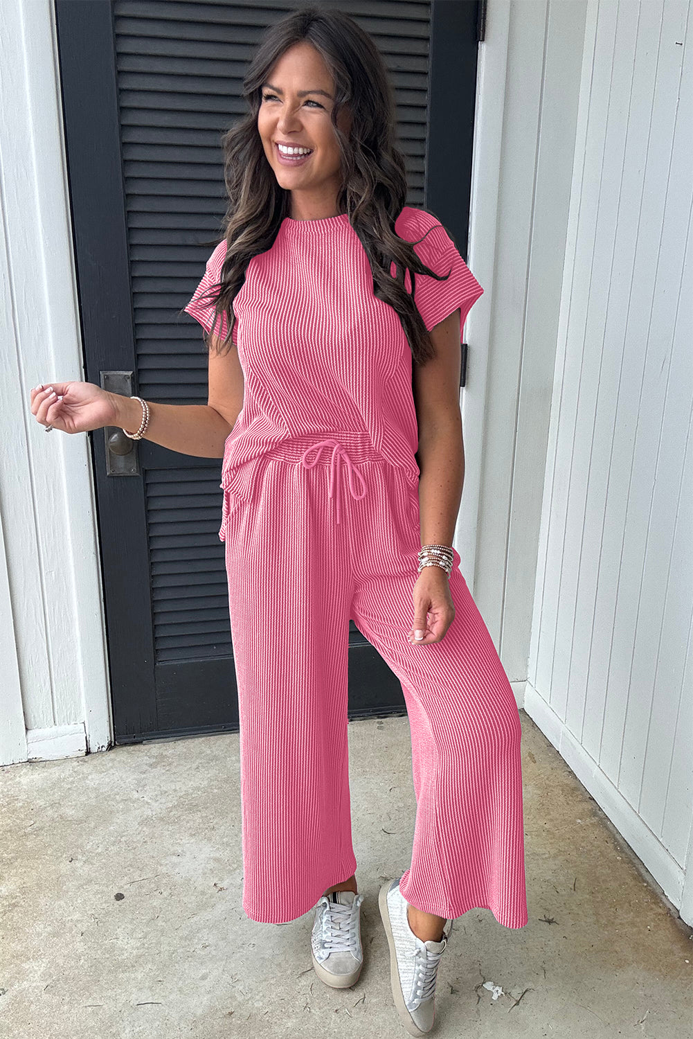 Bright Pink Solid Corded Knit Short Sleeve T Shirt and Wide Leg Pants Set