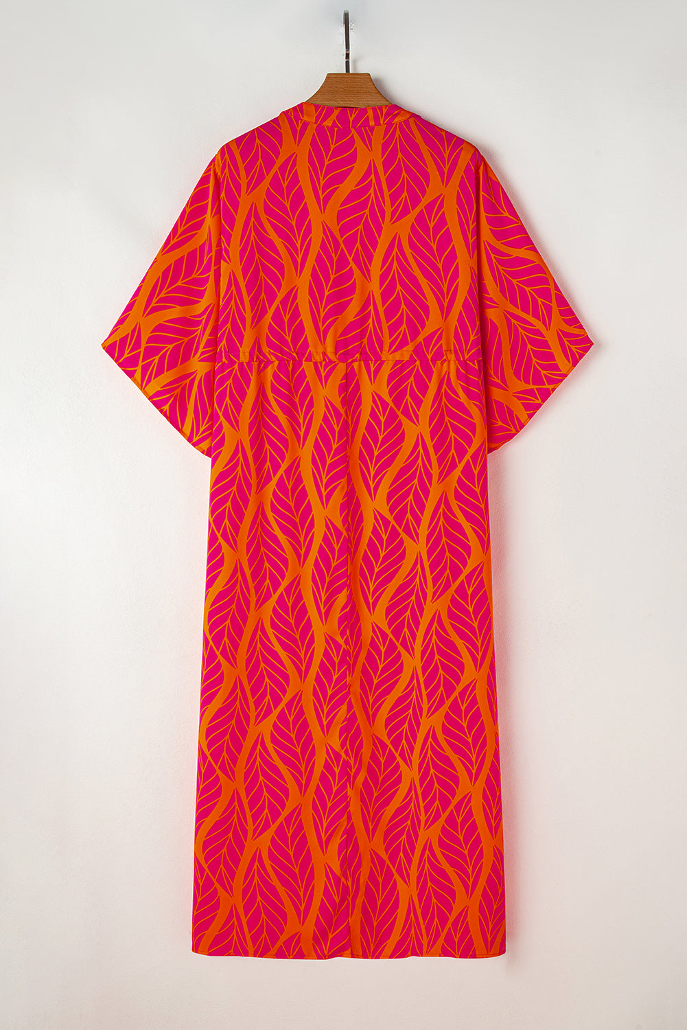 Orange Leafy Print 3/4 Sleeve V Neck Buttoned Split Maxi Dress