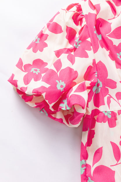Pink Floral Tiered Puff Sleeve Mini Shirt Dress