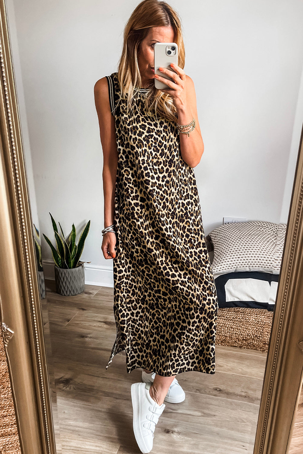 Black Contrast Striped Trim Leopard Sleeveless Maxi Dress