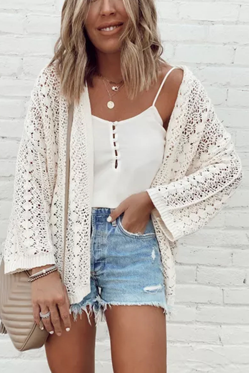 White Stylish Hollow Out Knit Drop Shoulder Cardigan