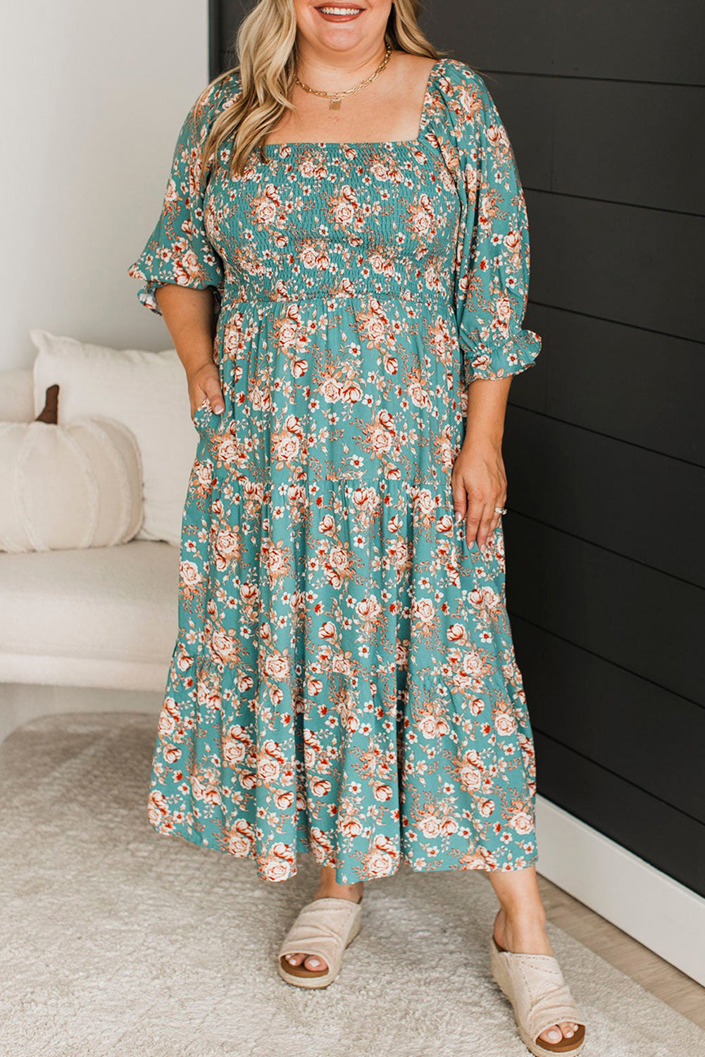 Green Plus Size Floral Print Square Neck Smocked Maxi Dress