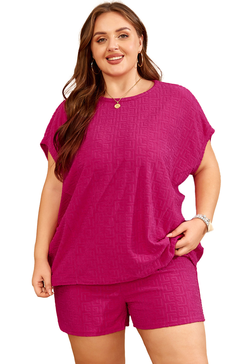 Rose Red Textured Dolman Sleeve Top and Shorts Plus Size Set