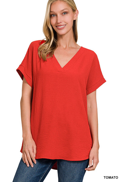 Woven Airflow V-Neck Top Tomato