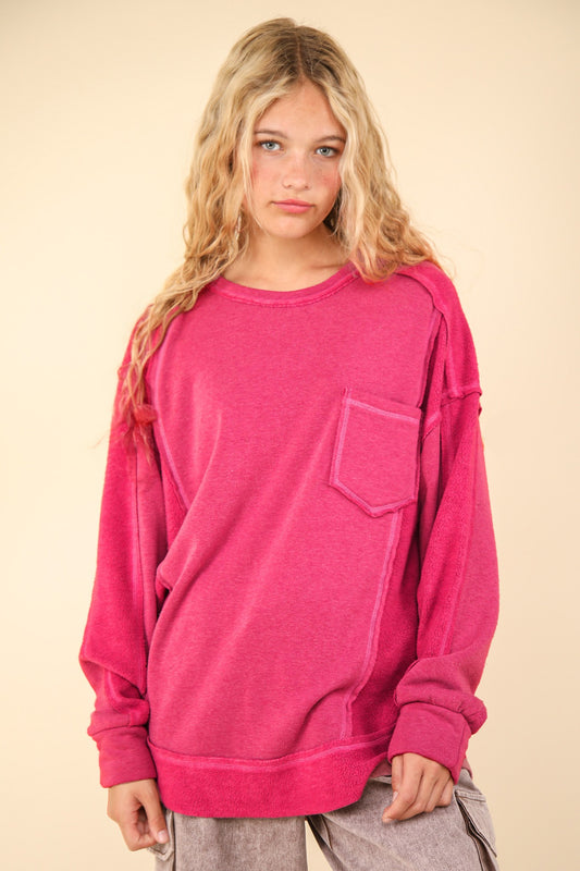 Contrast French Terry Knit Oversized Casual Top (Pink)