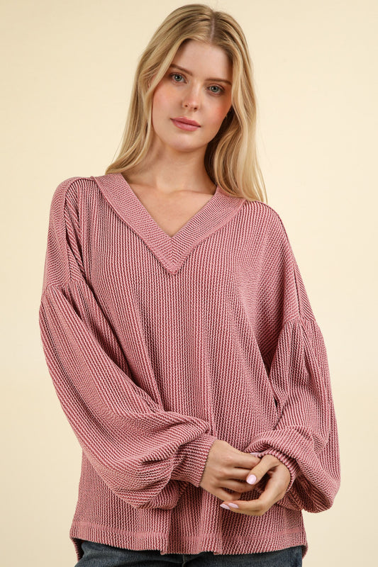 Pink Otto Ribbed V-Neck Oversized Knit Top