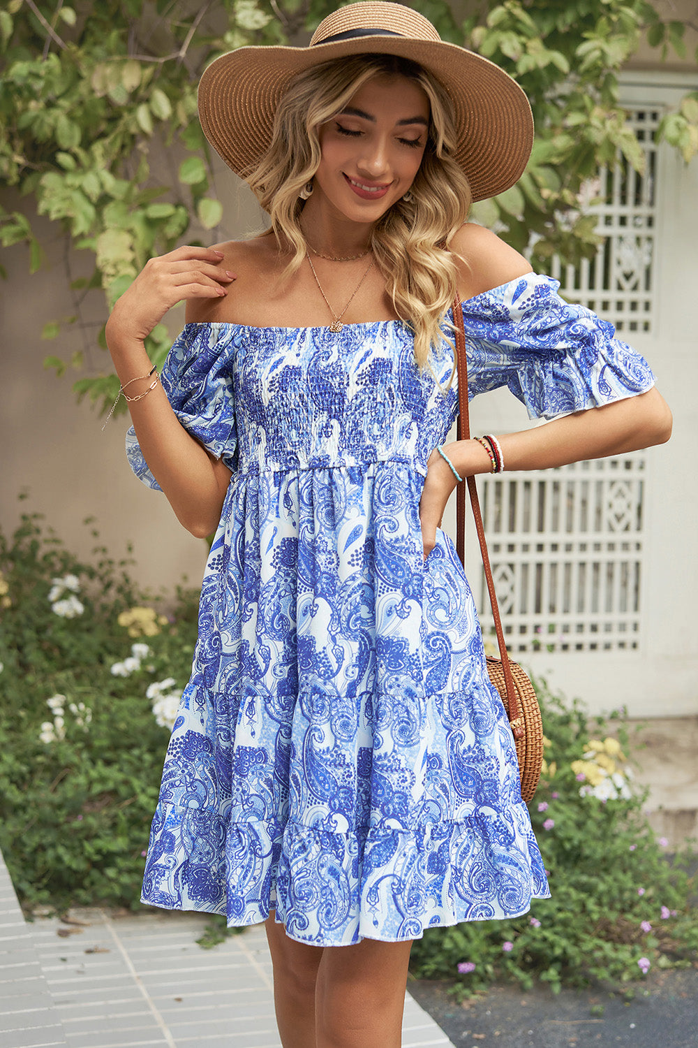 Smocked Printed Flounce Sleeve Mini Dress